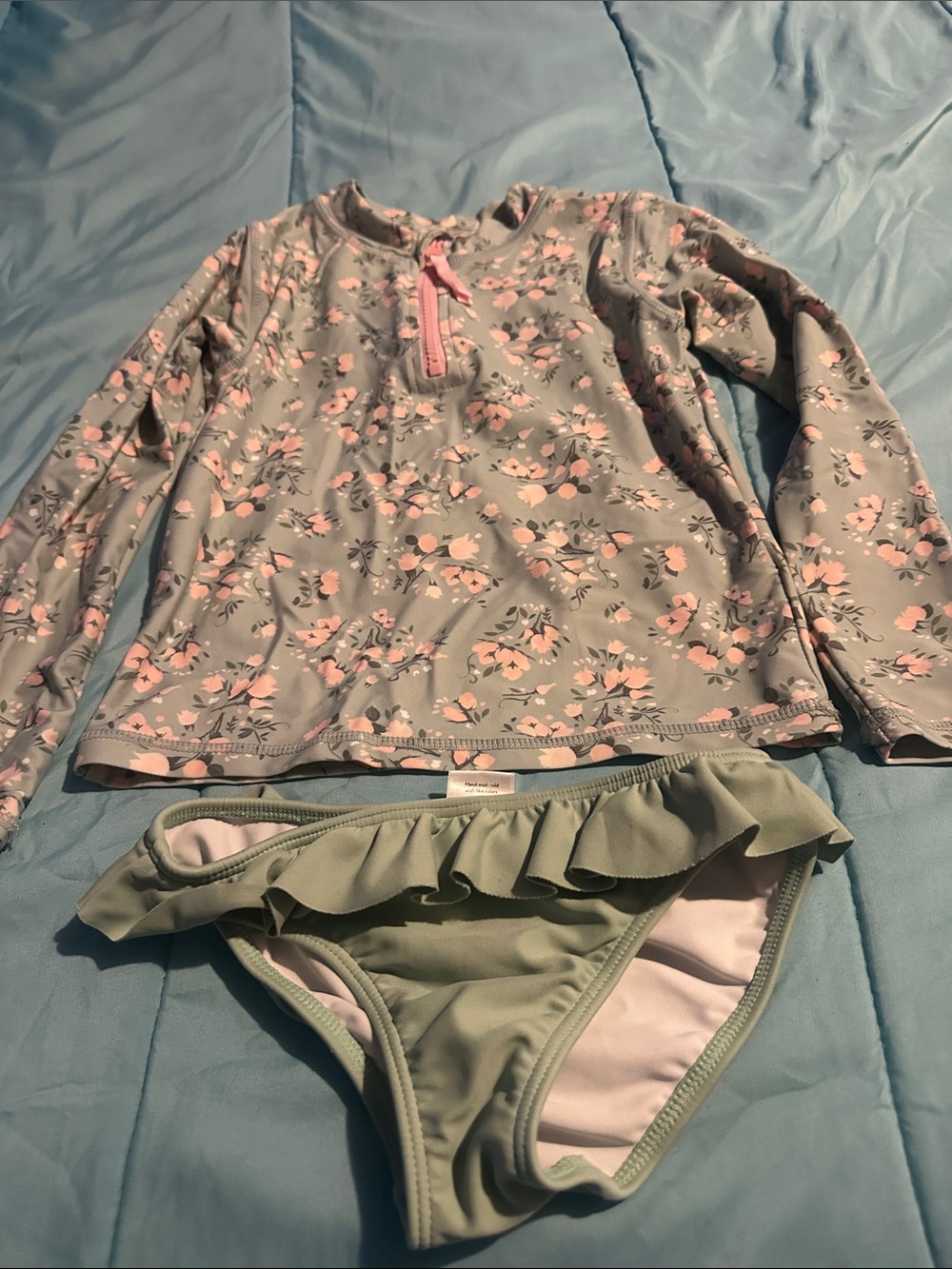 Ruffle Butts Girls Floral Long-Sleeve Rashguard Set in Light Green and Pink